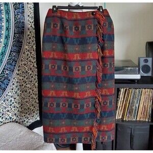 VTG Aztec Southwestern Print Wrap Skirt Western Boho Fringe Wool Size 12 Large